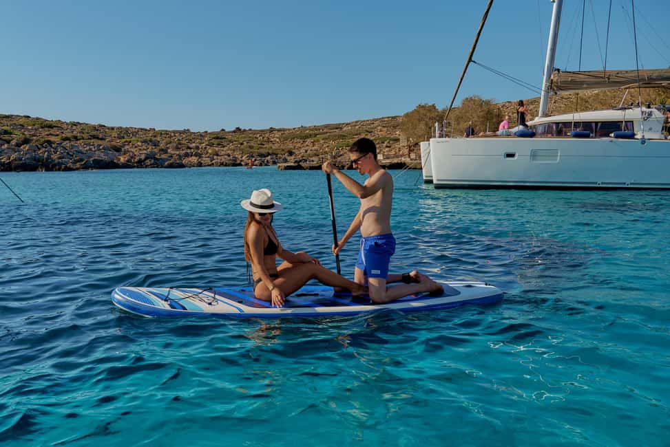 Heraklion: Dia Island Catamaran Cruise with Dinner and Wine - Dia Island bay: swimming, snorkeling, SUP, and fishing without stress